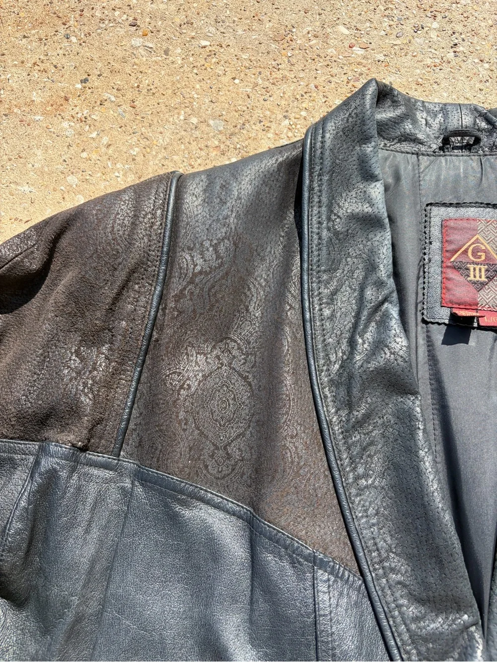 Vintage G-III Leather Coat Jacket Large L Black Brown Embossed Paisley 80s 90s